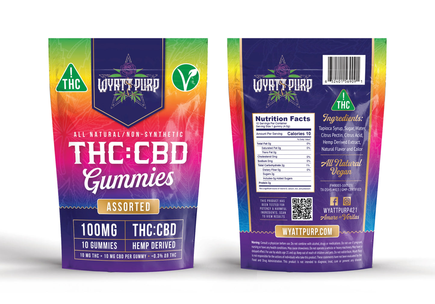 Wyatt Purp THC:CBD Gummies 10mg THC: 100mg CBD - Gummies 10 Count - Assorted