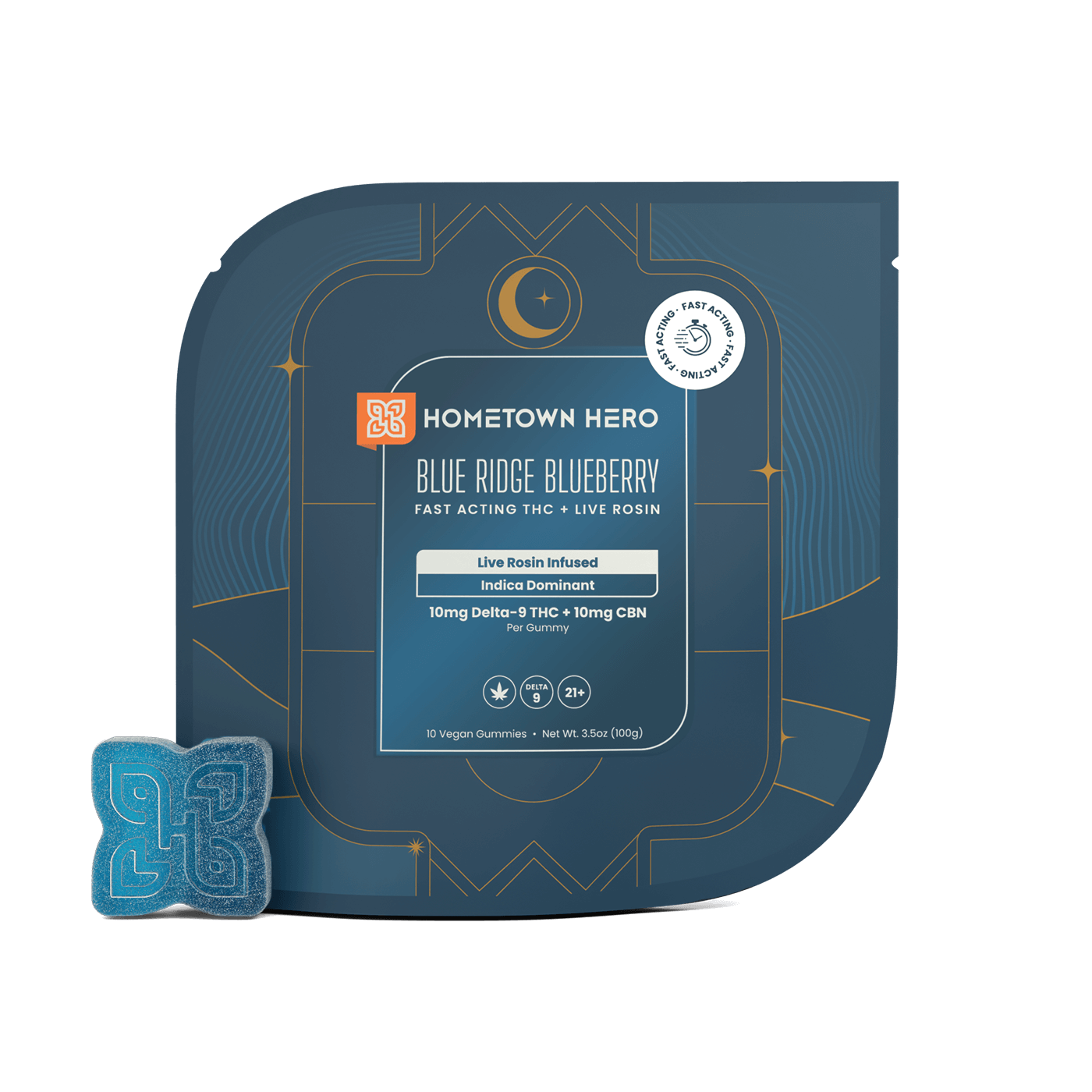 Live Rosin Infused Indica Gummies, Blue Ridge Blueberry, 10mg THC + 10mg CBN, 10 count