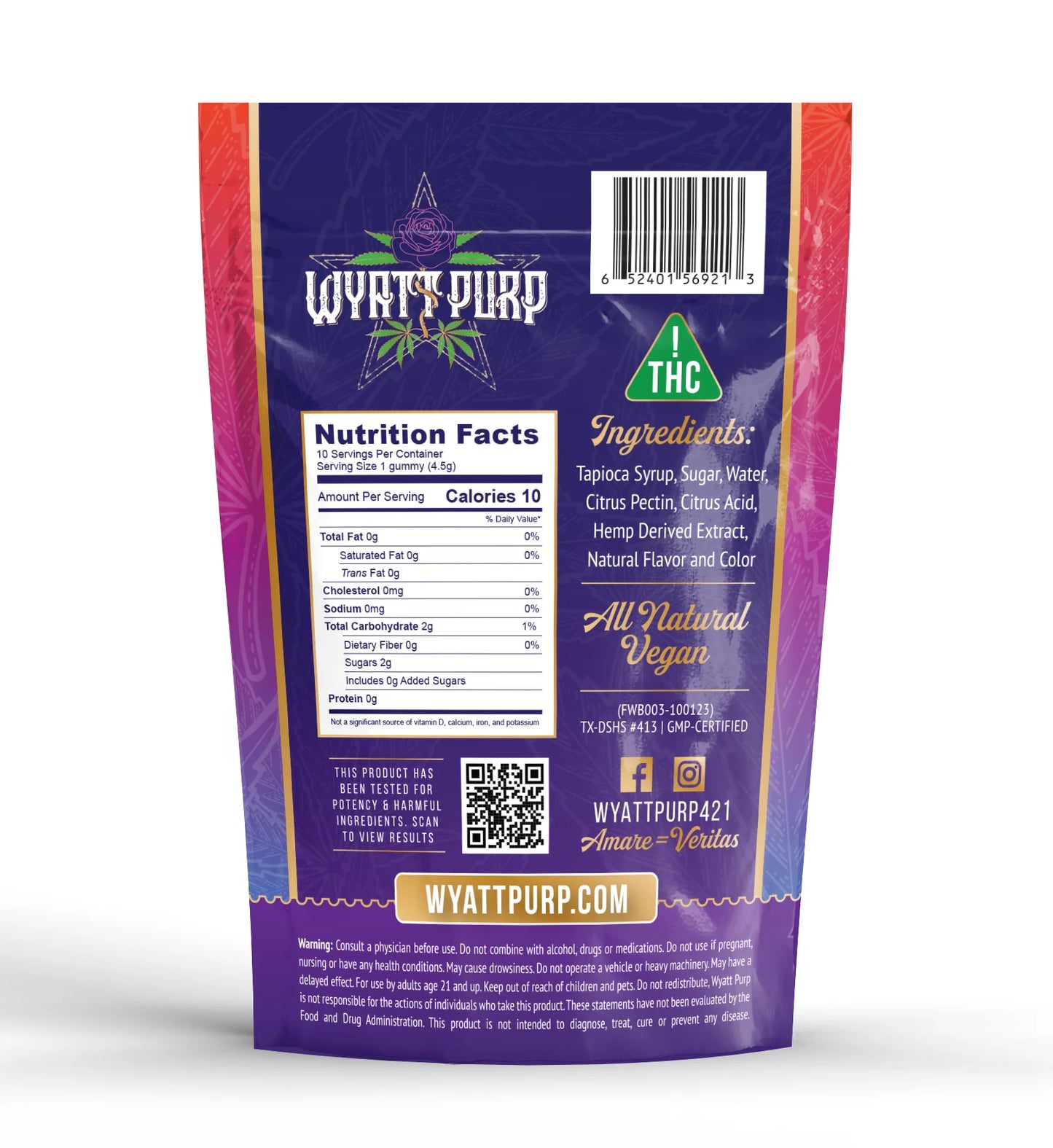 Wyatt Purp THC:CBD Gummies 10mg THC: 100mg CBD - Gummies 10 Count - Fruit Punch