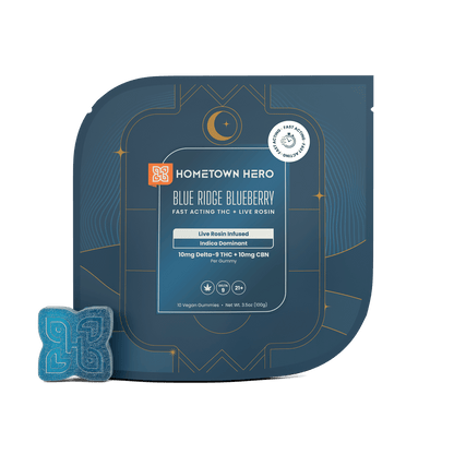 Live Rosin Infused Indica Gummies, Blue Ridge Blueberry, 10mg THC + 10mg CBN, 10 count