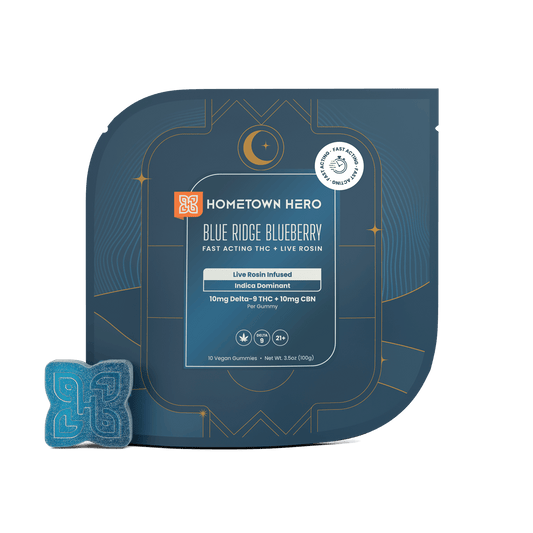 Live Rosin Infused Indica Gummies, Blue Ridge Blueberry, 10mg THC + 10mg CBN, 10 count
